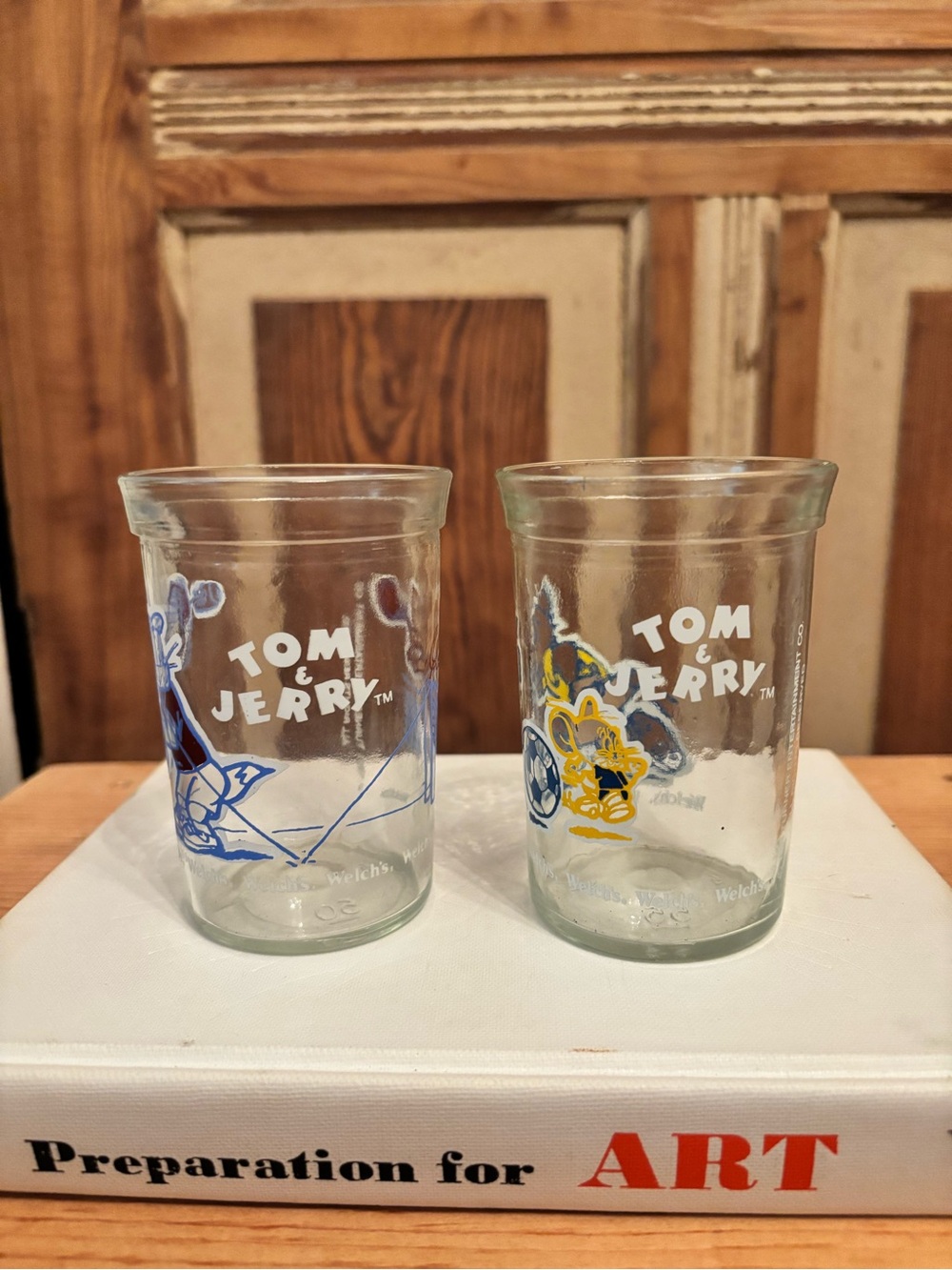 Welch’s Tom & Jerry Vintage Glass Tumblers - Clear with Blue & Yellow Graphics